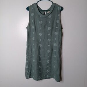 Lina Tomei Shift Dress Womens L Green Polka Dot Embroidery 100% Linen Lagenlook